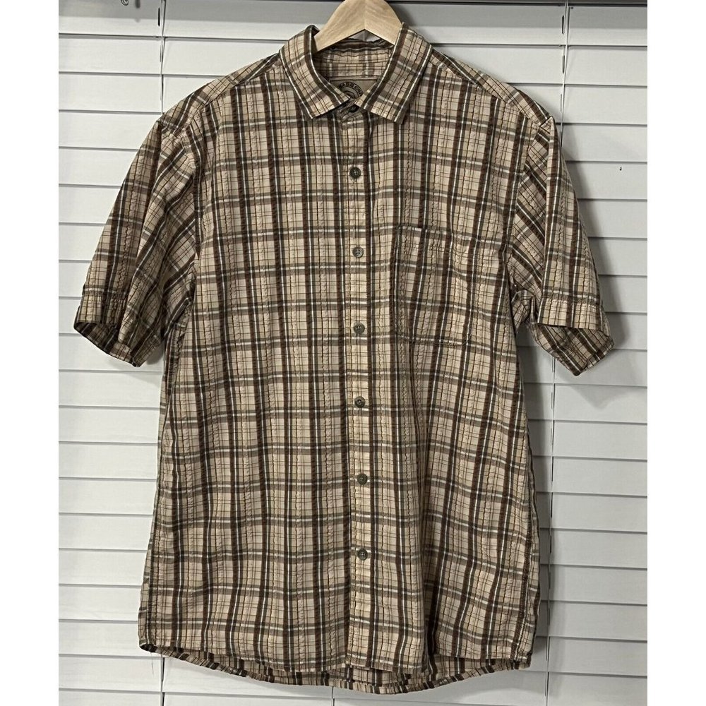 GH Bass Earth Men’s Beige Button Down Plaid Short Sleeve Shirt Sz M Regular Fit